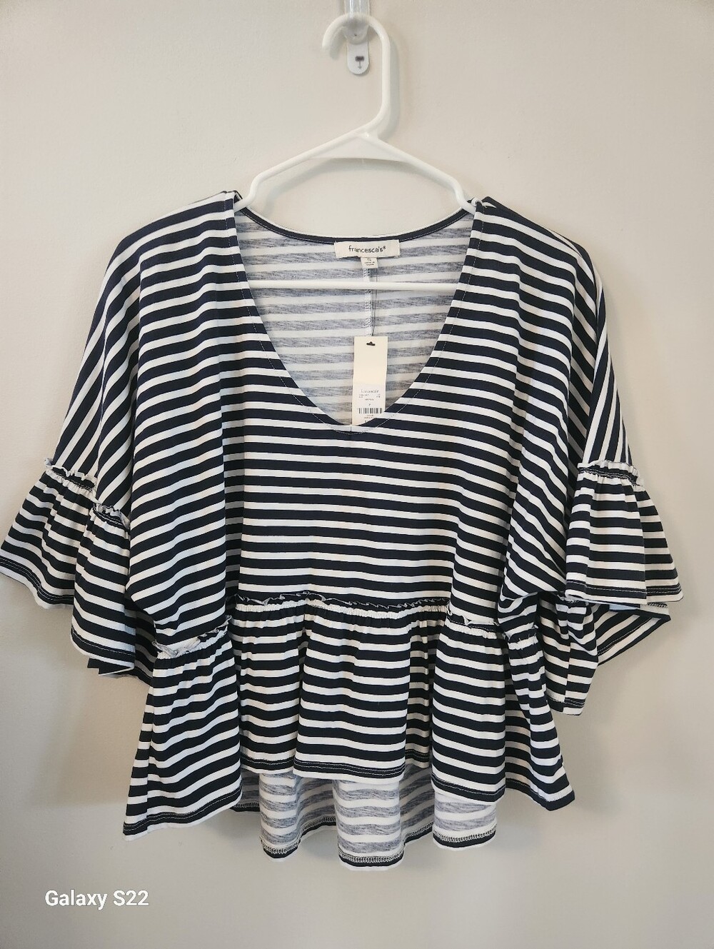 Francesca's Collections Black & White Striped V-Neck Peplum Ruffle Top